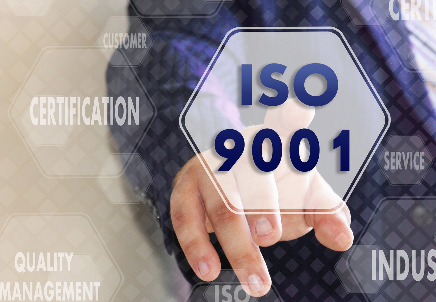 The businessman chooses ISO 9001,  presses a button on the touch screen